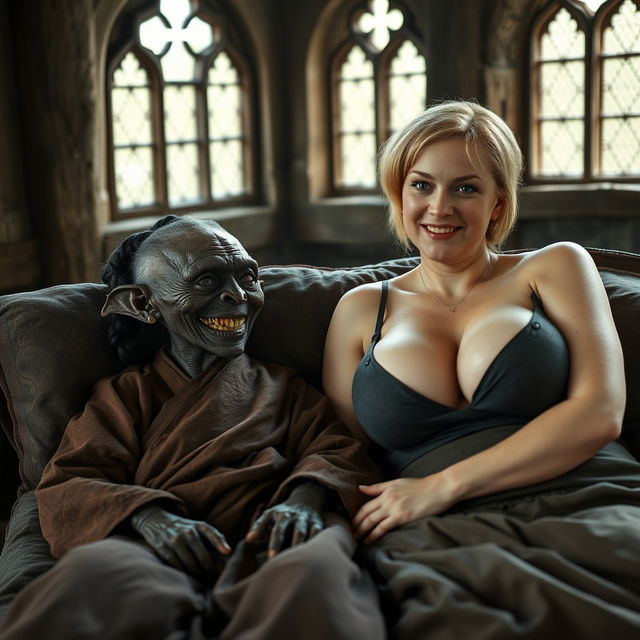 In a large medieval bed within a medieval room featuring ancient windows, lies a tiny, malevolent elderly African female goblin