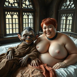 Both figures are lying on a medieval double bed in a beautifully adorned medieval room with antique windows