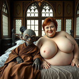 In a medieval palace, two figures are lying on a double bed surrounded by ornate decor and antique windows