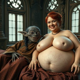 In a medieval palace, two figures are lying on a double bed surrounded by ornate decor and antique windows