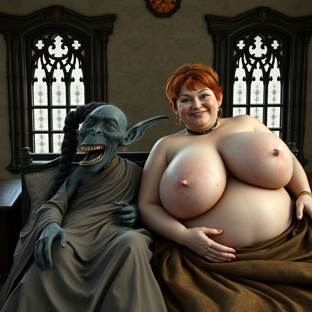 In a medieval palace, two characters are lying on a medieval double bed placed near antique windows