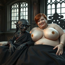 In a medieval palace, two characters are lying on a medieval double bed placed near antique windows