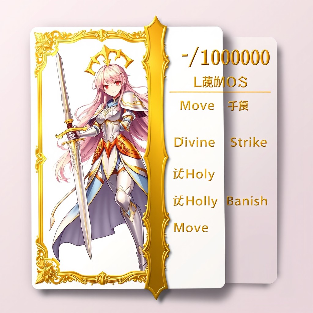 A fantasy anime-style card featuring a holy knight woman, symbolizing 'God of light: Lumos'