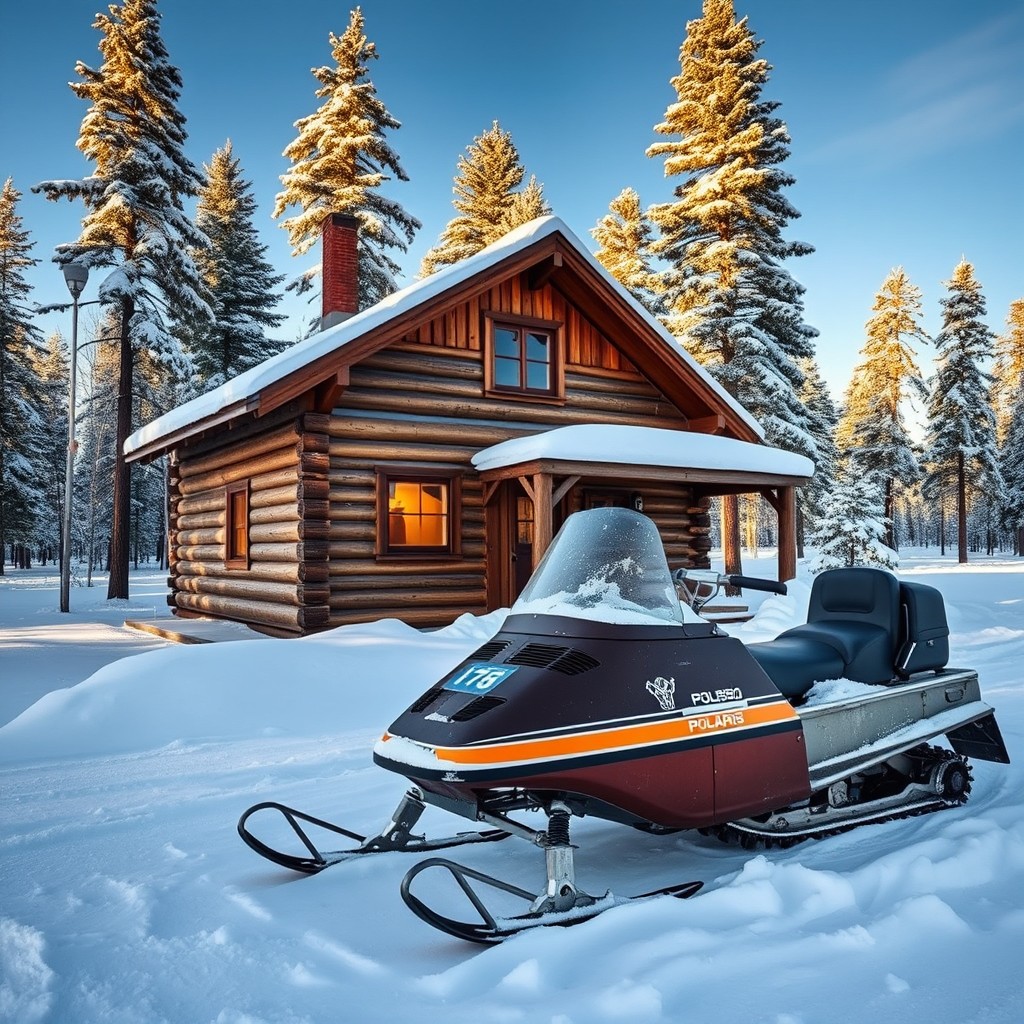 A picturesque log cabin nestled in a serene, snowy landscape of northern Wisconsin in January