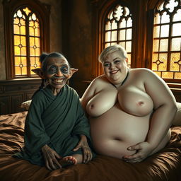 In an ancient medieval palace featuring antique windows, an enchanting scene is set on a double bed