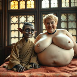 In an ancient medieval palace featuring antique windows, an enchanting scene is set on a double bed