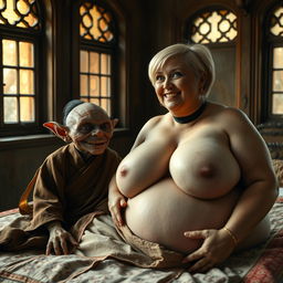 In an ancient medieval palace featuring antique windows, an enchanting scene is set on a double bed