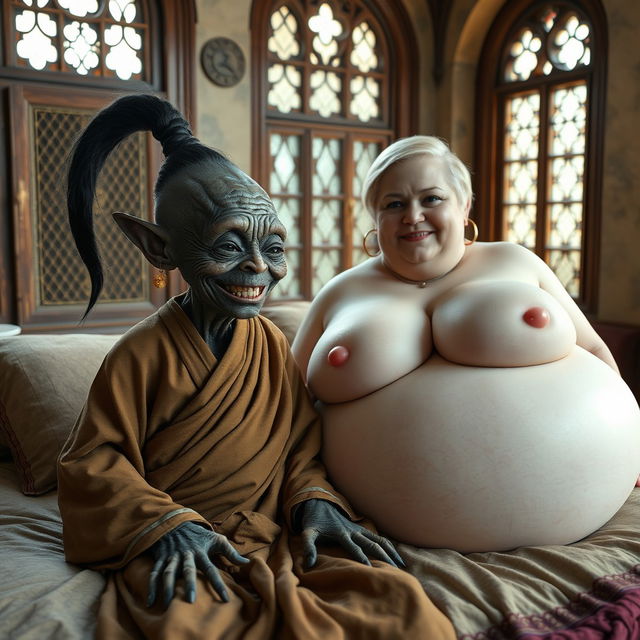 In an ancient medieval palace featuring antique windows, an enchanting scene is set on a double bed