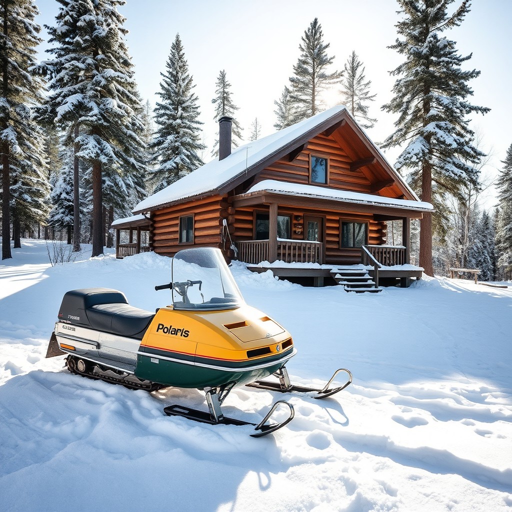 A charming log cabin located in the North Woods of Wisconsin during January, surrounded by a serene winter landscape