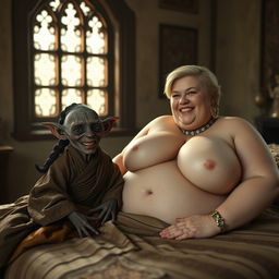 In an ancient medieval room with ornate antique windows, a mesmerizing scene takes place on a couple-sized bed