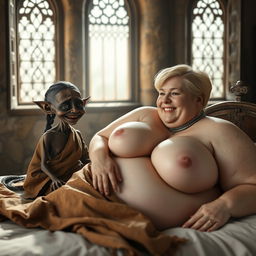 In an ancient medieval room with ornate antique windows, a mesmerizing scene takes place on a couple-sized bed