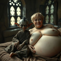 In a dimly lit, ancient medieval room complete with antique windows, a captivating scene unfolds on a couple-sized bed