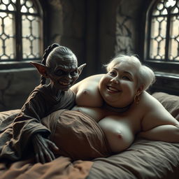 In a dimly lit, ancient medieval room complete with antique windows, a captivating scene unfolds on a couple-sized bed