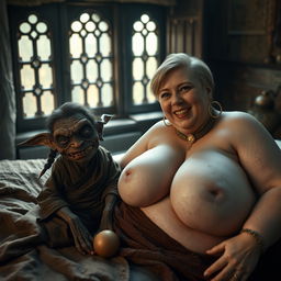 In a dimly lit, ancient medieval room complete with antique windows, a captivating scene unfolds on a couple-sized bed