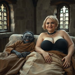 Two figures lying on a double medieval bed in a medieval room with ancient windows