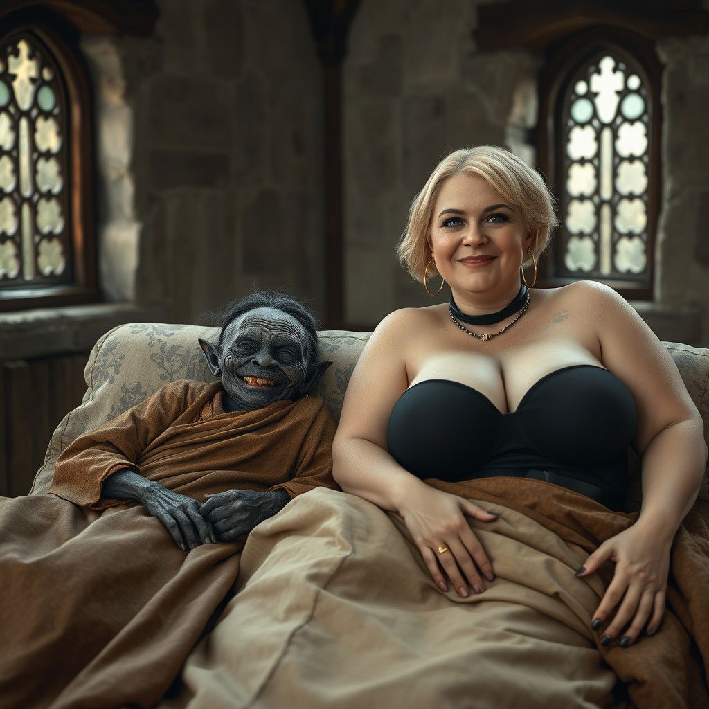 Two figures lying on a double medieval bed in a medieval room with ancient windows