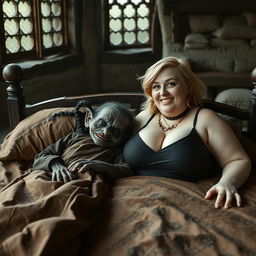 Two figures lying on a double medieval bed in a medieval room with ancient windows