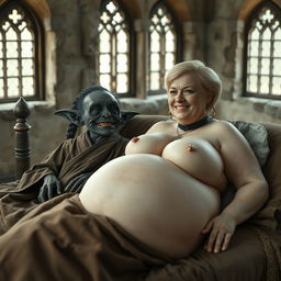 Two figures lying on a double medieval bed in a medieval room with ancient windows