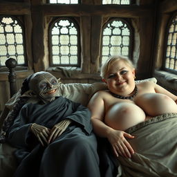 Two figures lying on a double medieval bed in a medieval room with ancient windows