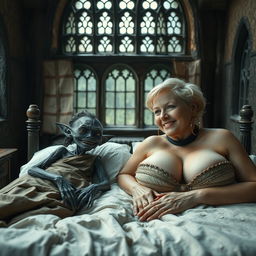 Two characters lying on a double medieval bed in a medieval room with ancient windows, creating an enchanting and immersive atmosphere