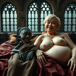 Two characters lying on a double medieval bed in a medieval room with ancient windows, creating an enchanting and immersive atmosphere
