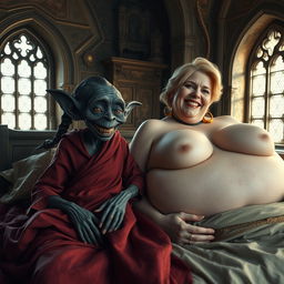 Two characters lying on a double medieval bed in a richly decorated medieval room with ancient windows, creating an enchanting atmosphere