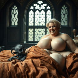 Two characters lying on a double medieval bed in a richly decorated medieval room with ancient windows, creating an enchanting atmosphere