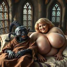 Two characters lying together on a double medieval bed in an enchanting medieval room with ancient windows