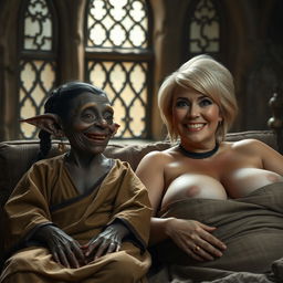 Two figures lying on a couple's medieval bed in a medieval room with ancient windows, creating a captivating atmosphere