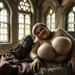 Two figures lying on a couple's medieval bed in a medieval room adorned with ancient windows, creating an enchanting atmosphere