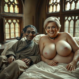 Two figures lying on a couple's medieval bed in a medieval room adorned with ancient windows, creating an enchanting atmosphere