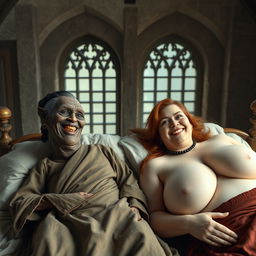 Two figures lying on a double medieval bed in an ancient castle with vintage windows