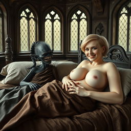 A captivating medieval scene featuring a large double bed in an ornate medieval room with ancient windows