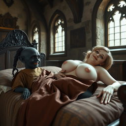 A captivating medieval scene featuring a large double bed in an ornate medieval room with ancient windows