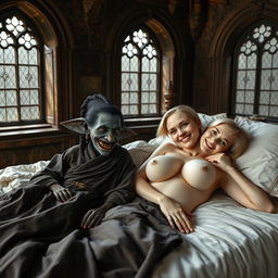 A captivating medieval scene featuring a large double bed in an ornate medieval room with ancient windows