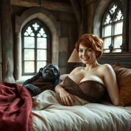 A striking medieval scene featuring a large double bed in an opulent medieval room with ancient windows