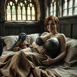 A fantastical medieval scene featuring a large double bed in a room adorned with ancient windows