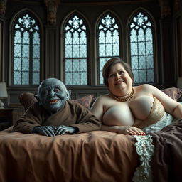Two characters lying on a double bed in a grand medieval palace, adorned with ancient windows