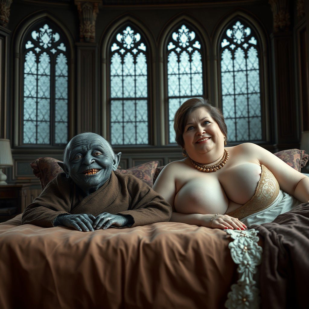 Two characters lying on a double bed in a grand medieval palace, adorned with ancient windows