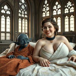 Two characters lying on a double bed in a grand medieval palace, adorned with ancient windows