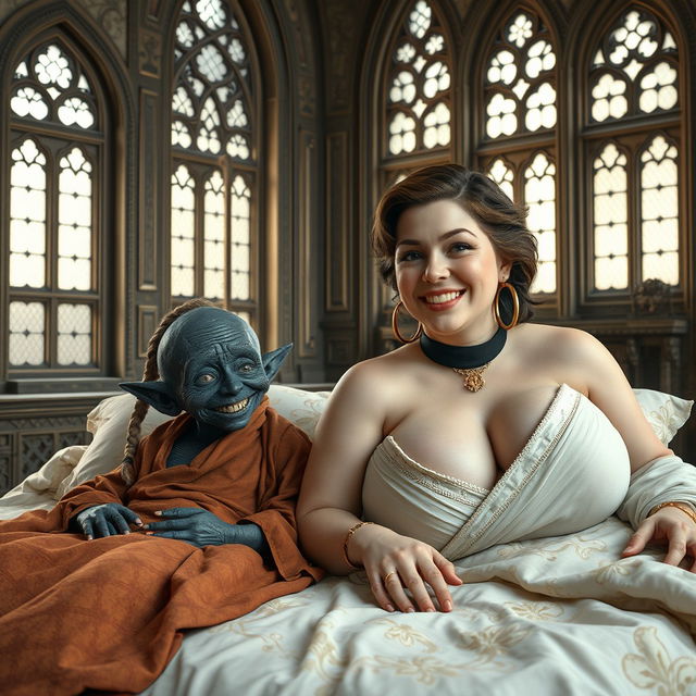 Two characters lying on a double bed in a grand medieval palace, adorned with ancient windows