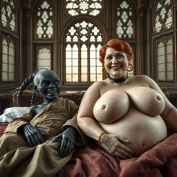 Two characters lying on a double bed in a grand medieval palace adorned with ancient windows