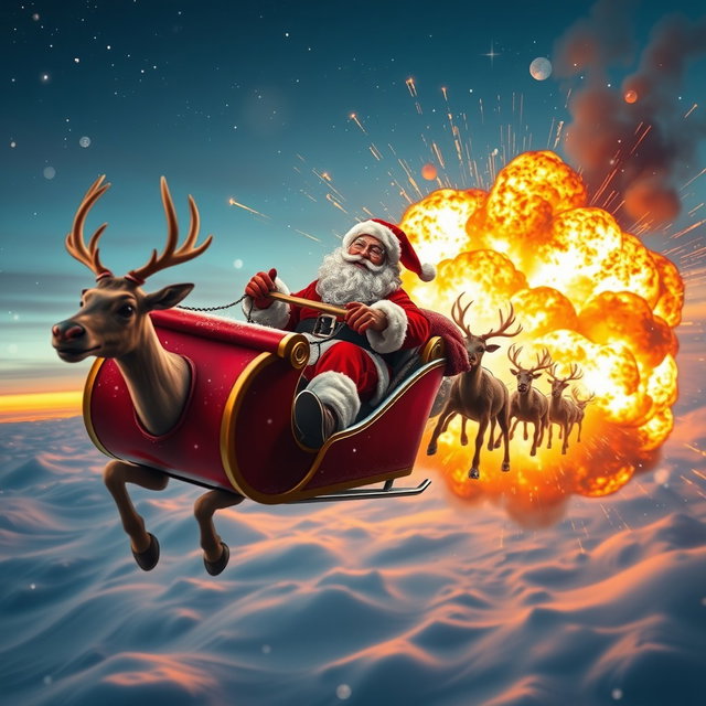 Santa Claus joyfully steering his sleigh while flying away from a massive explosion in the sky, reindeer bursting into action, bright flames and smoke swirling behind them, snowflakes gently falling, a dramatic action movie atmosphere, vibrant colors creating an exciting contrast with the explosive scene, Santa with a big smile, red and white suit, iconic hat, surrounded by twinkling stars against a twilight sky