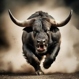 A powerful, striking image of an angry bull in its full fury, hoofs pounding and nostrils flaring