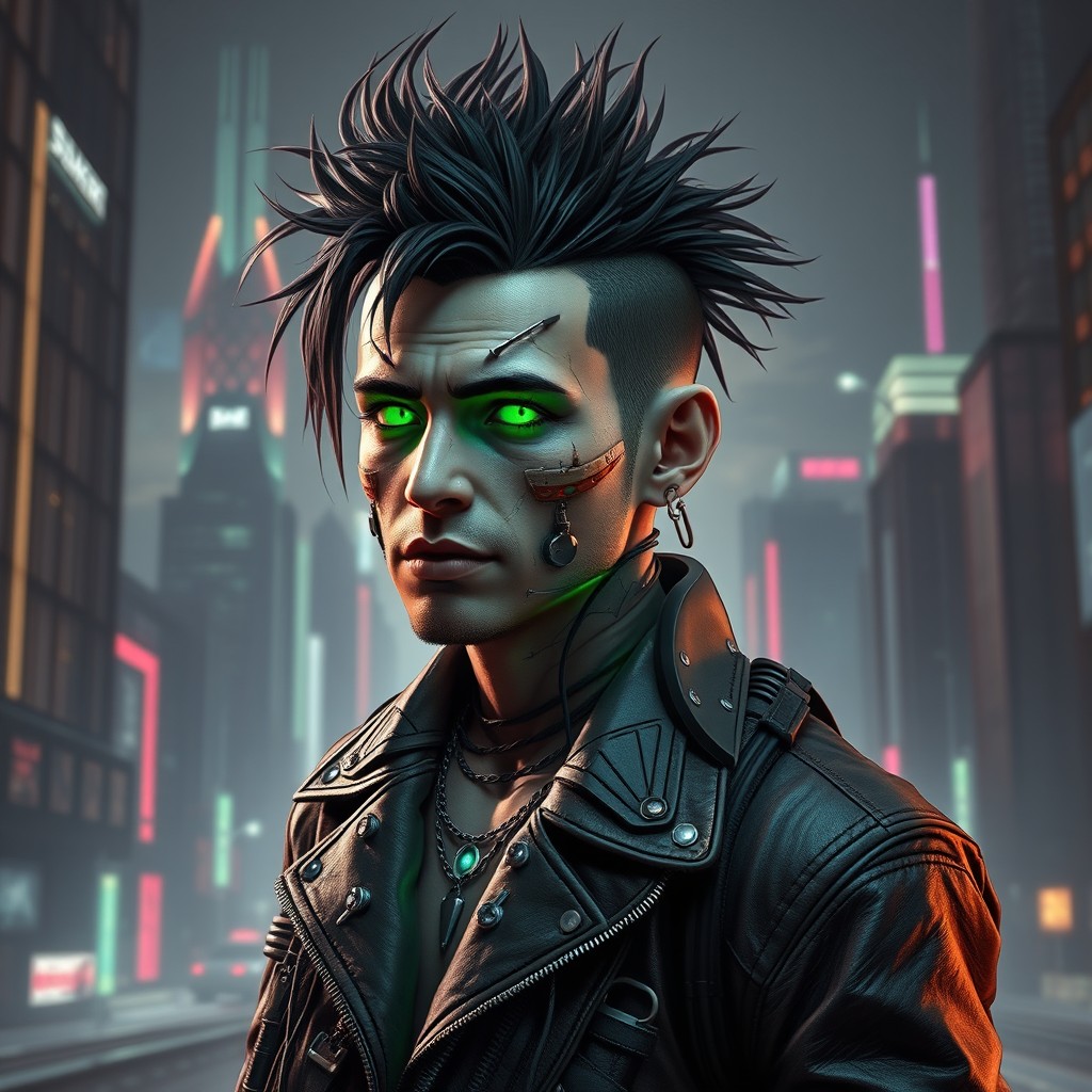A unique and striking cyberpunk male character with an unconventional and rugged appearance