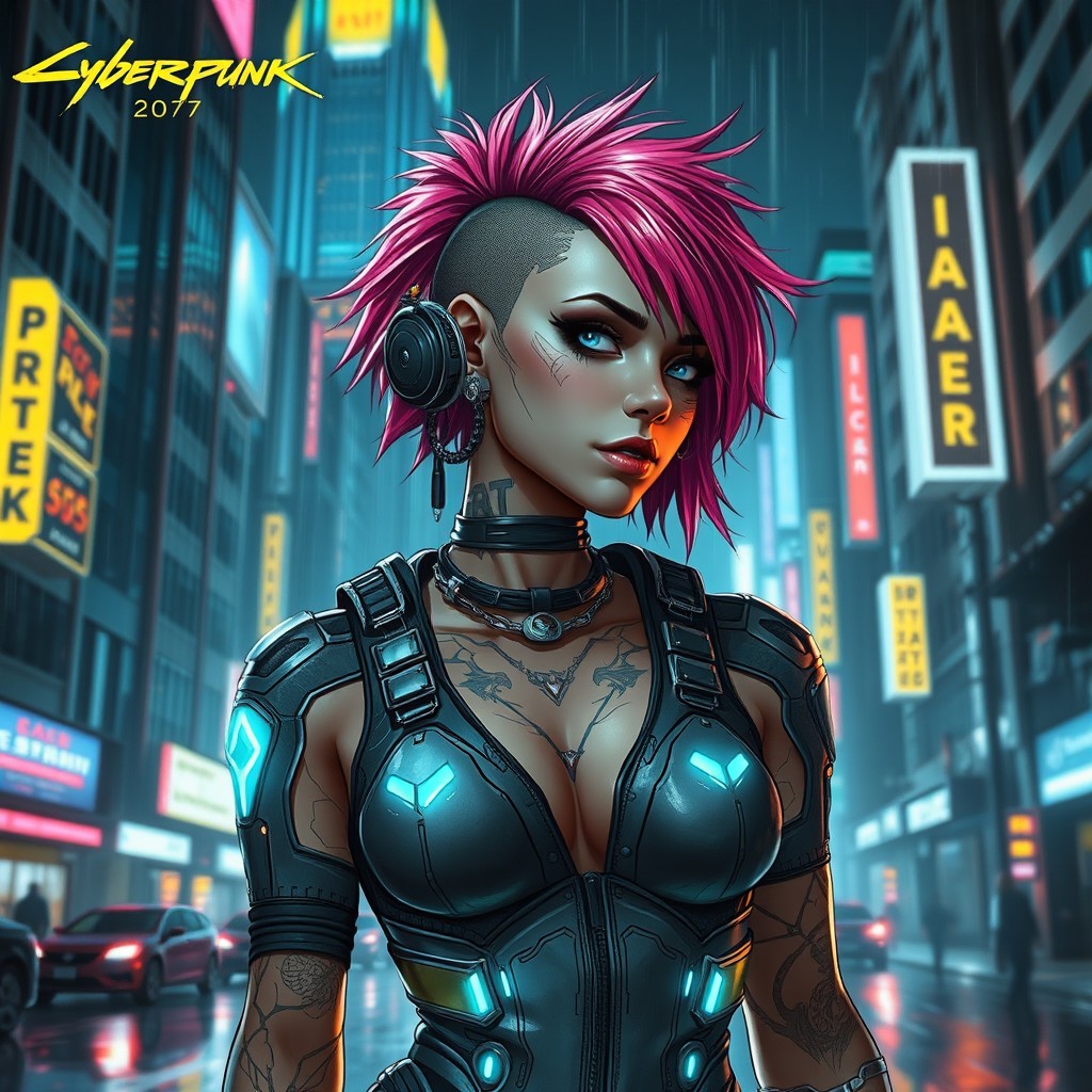 Official-style character concept art inspired by Cyberpunk 2077 featuring a futuristic, neon-lit cityscape background