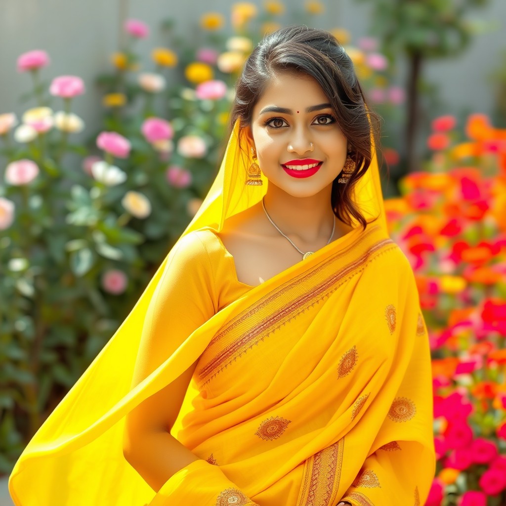A stunning young woman wearing a vibrant yellow saree that beautifully drapes around her