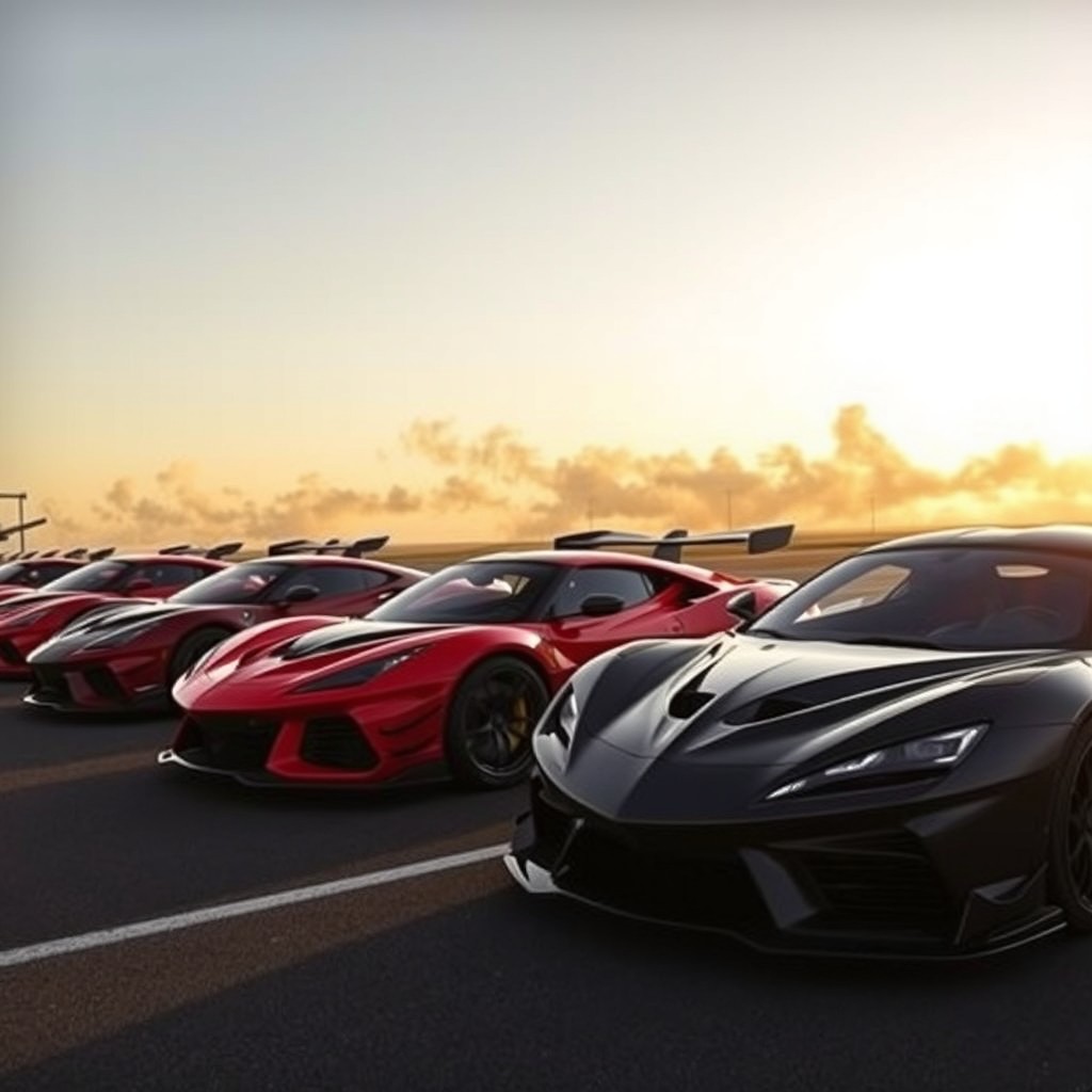 A collection of aggressive-looking sports cars lined up on a racetrack, showcasing their sleek designs and powerful stances