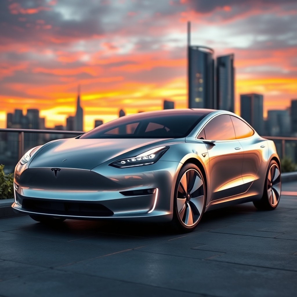 A sleek and futuristic Tesla electric car parked in a modern urban environment