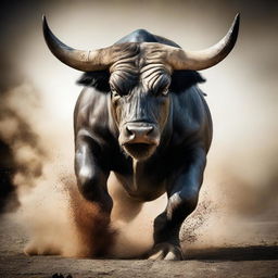 A powerful, striking image of an angry bull in its full fury, hoofs pounding and nostrils flaring